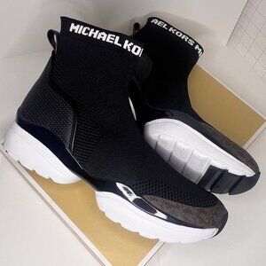 Michael Kors Robbie High-Top Knit Bootie Sneakers Black White Size 10